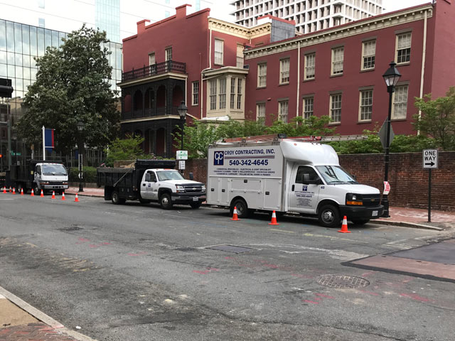 croy contracting work trucks on wells fargo job site